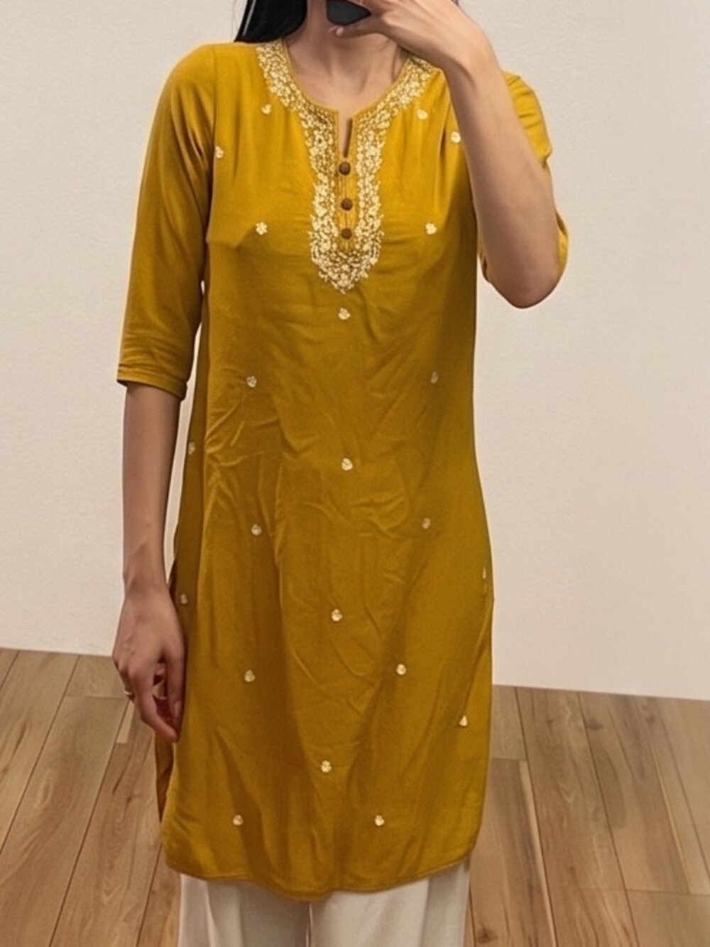Max Women's Mustard Embroidered Kurta – Size Small